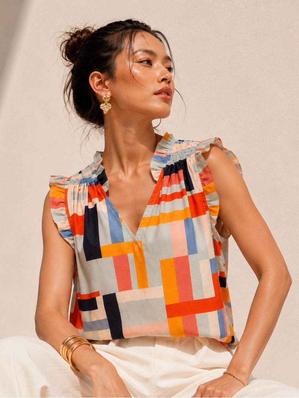 THML Geometric Print Ruffle Sleeve Blouse Small Colorful Boutique Top